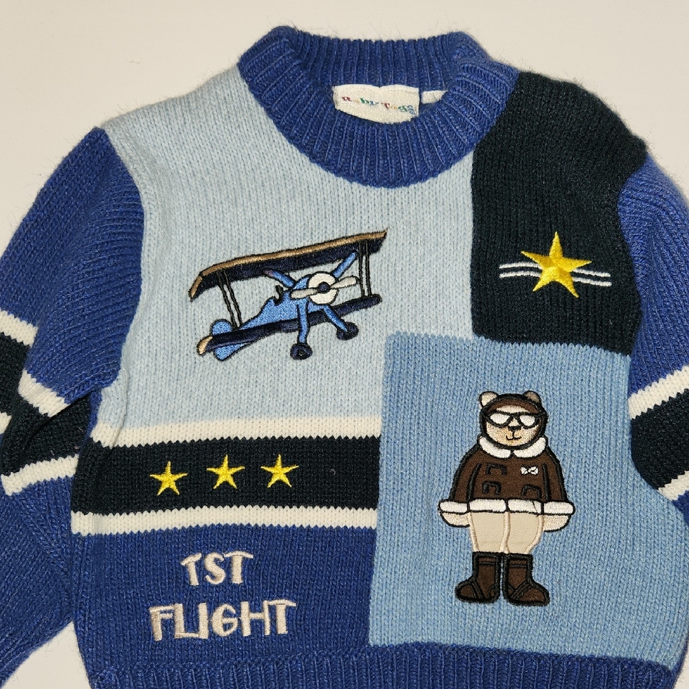 Baby Vintage Navy and Light Blue Crewneck Sweater with Aviation Motifs